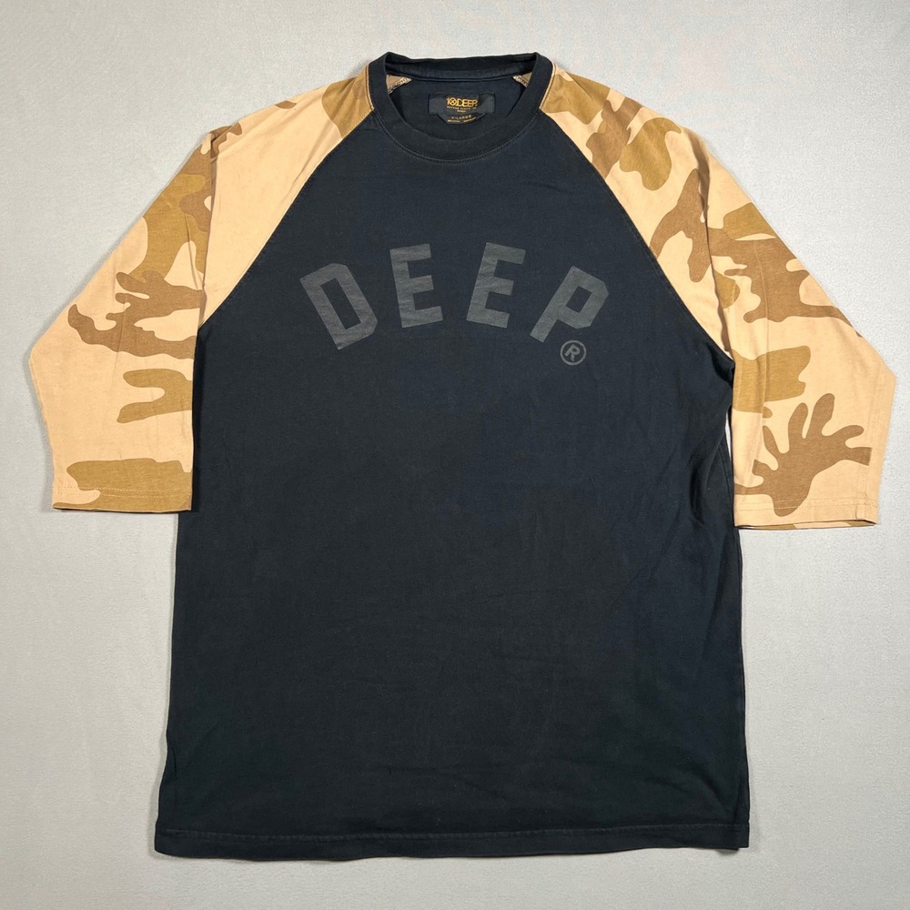 10.Deep Mens XL Black Camo Raglan 3/4 Sleeve Streetwear Graphic Tee Shirt